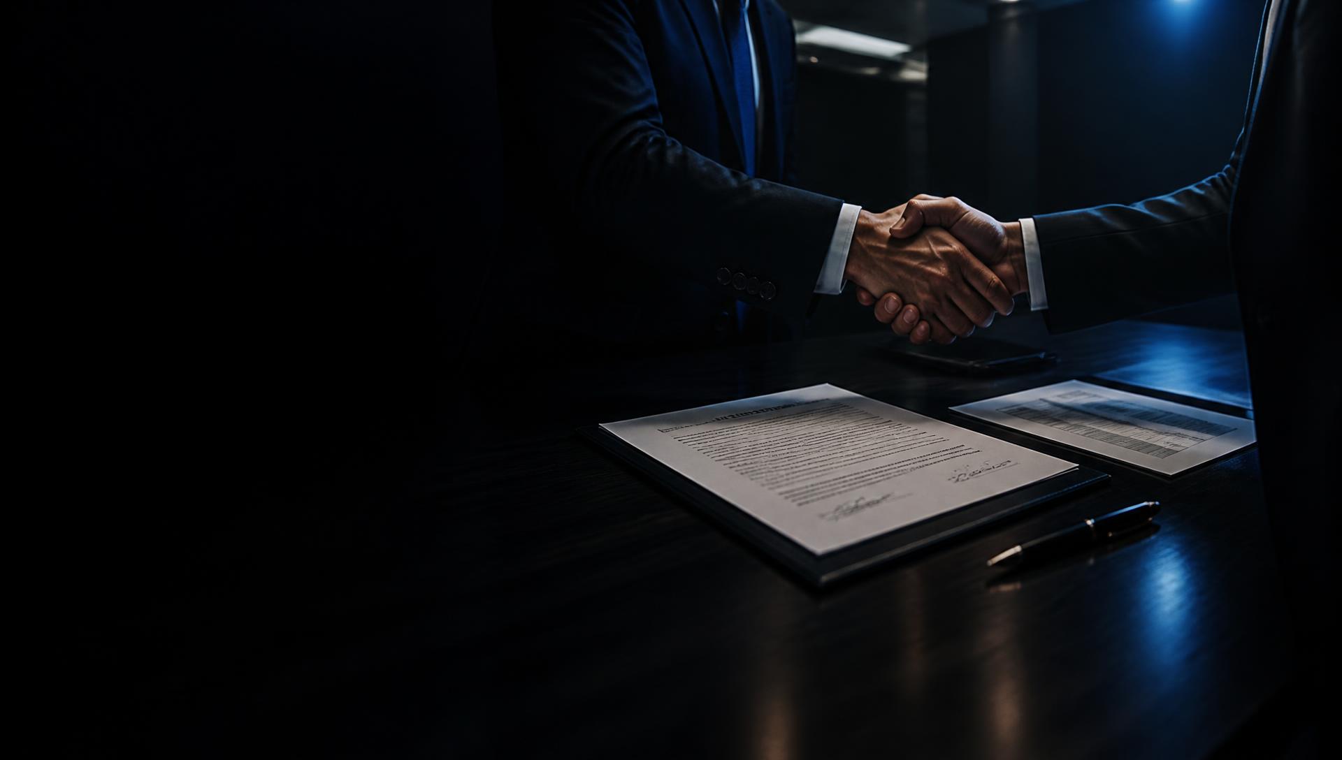 Two contract managers shaking hands over a signed facilities-management agreement